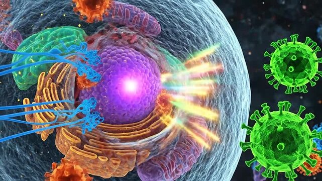 A microscopic view of a biological cell under attack by various viral pathogens