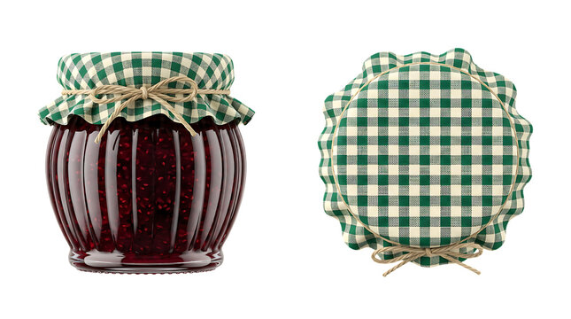 Homemade raspberry jam in a glass jar with checkered cloth lid, tied with twine, and separate lid view, rustic kitchen preserve, food storage idea, isolated object.