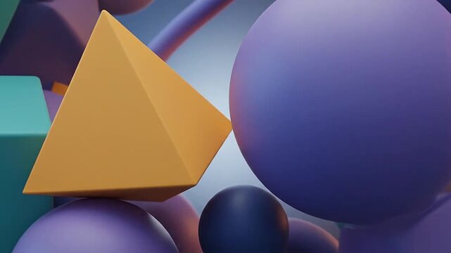 A circular arrangement of colorful geometric shapes floating in a soft light space