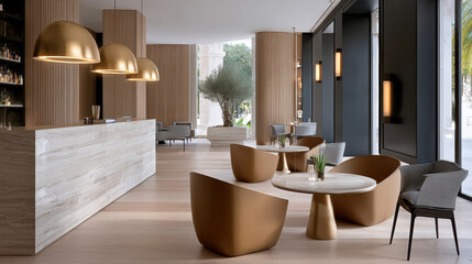 Naklejka premium Modern lobby hotel interior reception lounge pendant marble counter with wood wall, seating area and daylight, inviting serene atmosphere