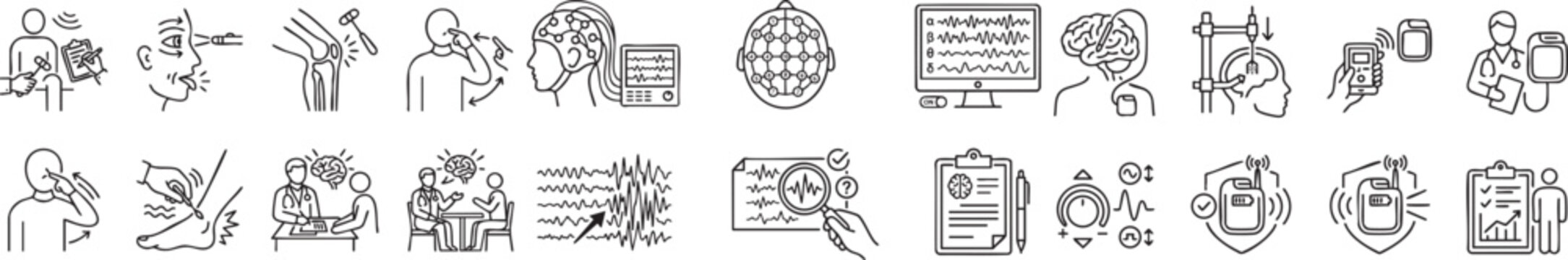 Medical icons for neurology and neuroscience illustrating brain activity diagnostics treatment and patient care research procedures and brain scans