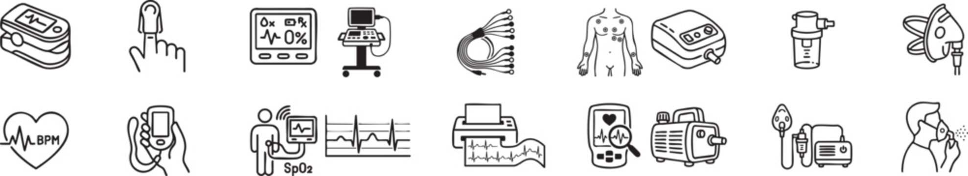 Assortment of medical devices and instruments for healthcare and patient care, outline illustration