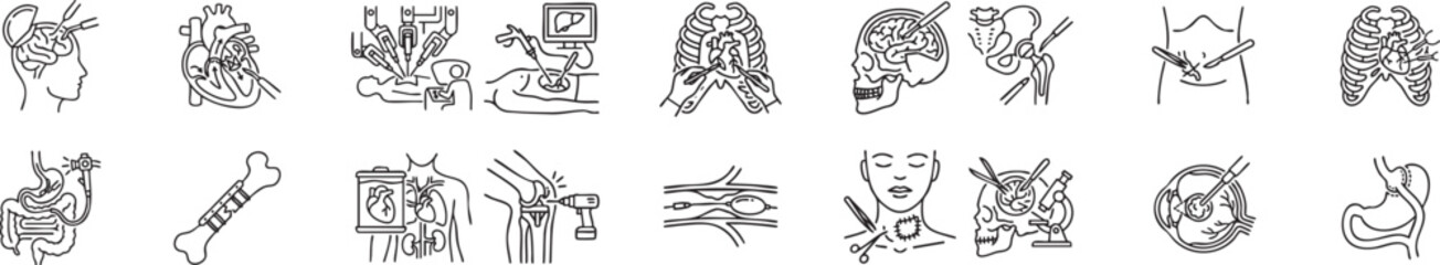 Obraz premium Set of medical line art icons illustrating surgical operations on different body systems and organs with precision instruments and equipment.