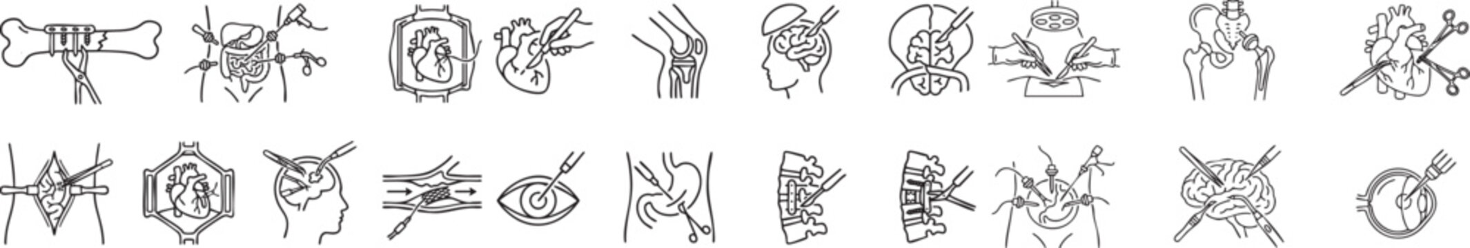 Collection of medical and surgical icons showing various operations on body parts like heart brain spine and bones with tools and machines.