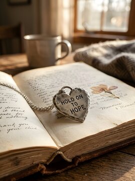 Heart-shaped silver pendant with Hold On To Hope engraving on an open vintage diary with cursive handwriting and a pressed flower next to a coffee mug in warm sunlight.