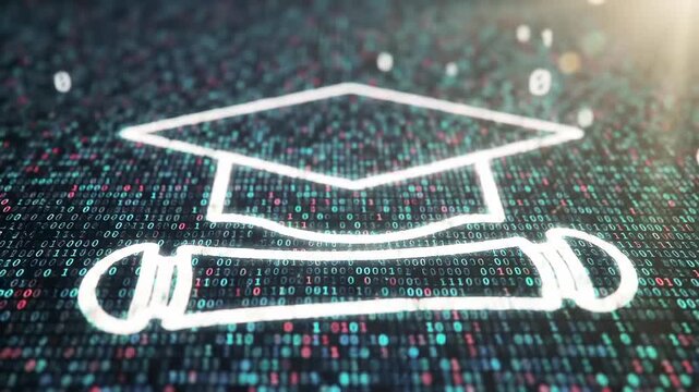 Digital education concept with graduation cap and scroll icon on binary code background, representing online learning and achievement