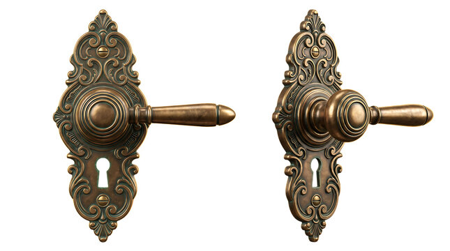 Antique brass door handle set with ornate escutcheon plates and keyhole detail, isolated on transparent background, vintage style and luxury home decor inspiration.