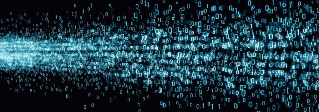 Abstract binary code stream erupting into a digital nebula