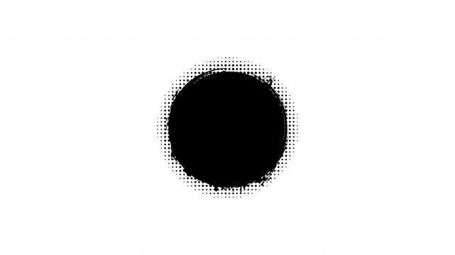 Animated Grunge Halftone Circle.Black distressed mask with retro dot border on white. Use for dynamic overlays.