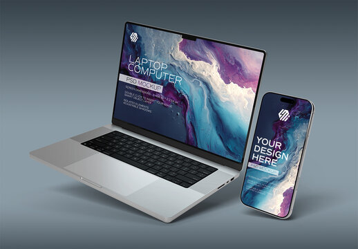 Isolated Silver Smartphone and Laptop Floating on Grey Background Mockup