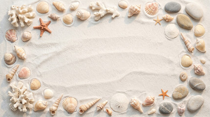 Obraz premium Seashells and Coral Frame on Sand Background