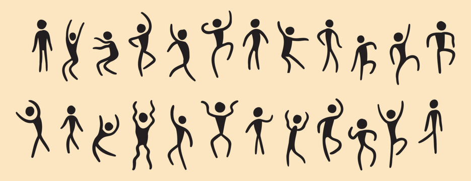 people figures african tribe hand drawn dancing people silhouette. primitive naive style of art. set of doodle people move.