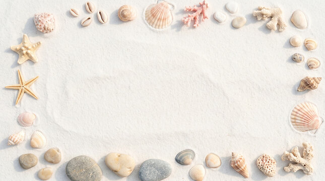 Seashells and Coral Frame on Sand Background