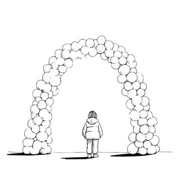 Sketch of a Child Standing Before a Large Decorative Balloon Arch at a Party Event
