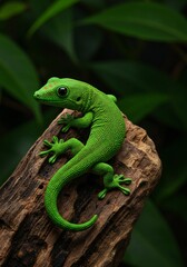 Fototapeta premium Vibrant Green Gecko Lizard Perched on Textured Bark with Lush Foliage Background