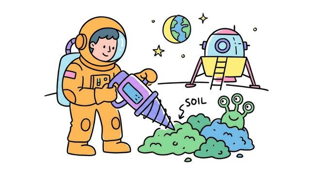 Researcher analyzing moon soil sample in space-themed illustration with astronaut, lunar lander, alien creature, and earth in the background