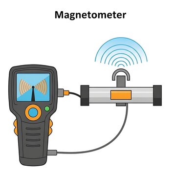 Smartphone connected to handheld magnetometer device.