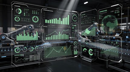 Fototapeta premium A futuristic digital interface displays various graphs, charts, and data analytics in a high-tech industrial or manufacturing environment.