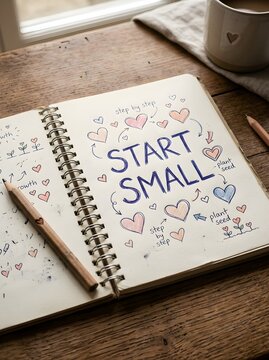 Open spiral notebook on a wooden table with handwritten text Start Small surrounded by doodle hearts and arrows, featuring a wooden pencil and ceramic mug in natural window light.