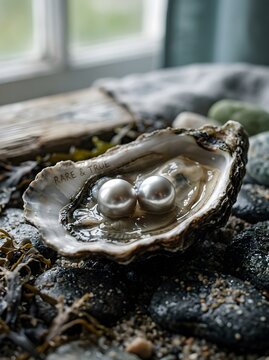 Macro shot of an open oyster shell resting on dark pebbles, featuring two large round silver pearls inside, with 'RARE & TRUE' engraved on the inner shell rim near a window.