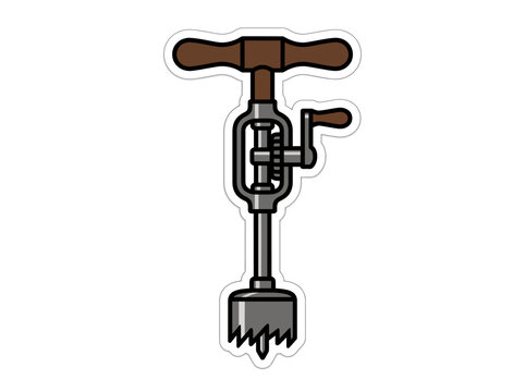 Illustration of a vintage manual auger drill with a wooden handle and metal components on a white background.