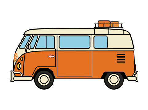 Illustration of an orange and white Volkswagen van with a luggage rack on top, set against a clean white background.