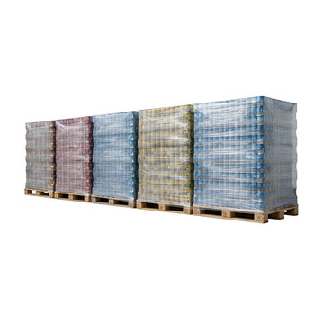 Stacked beverage cans on pallets shrink wrapped for storage