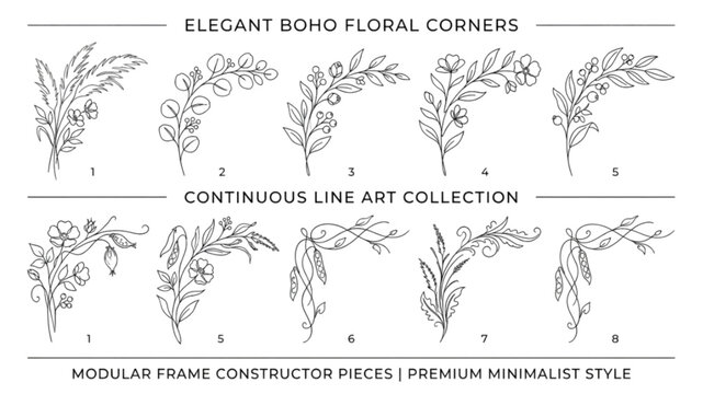 Boho Floral Corner Elements Frame Constructor Collection &ndash; Continuous Line Drawing with Botanical Curves and Minimalist Decorative Borders