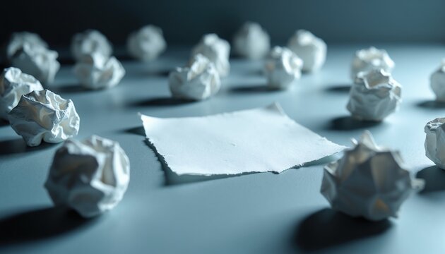 Blank paper surrounded by crumpled balls represents writer block. Failed ideas and attempts scattered on desk. Searching for inspiration. Creative struggle.