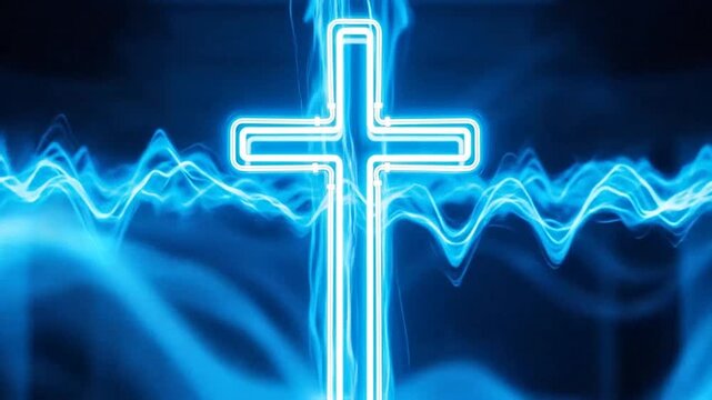 A glowing blue neon cross symbol surrounded by vibrant energy waves in the dark