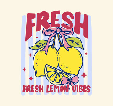Retro citrus artwork featuring hand drawn lemons, playful pink bows, bold lettering, and soft striped background for apparel, stickers, posters, and summer prints