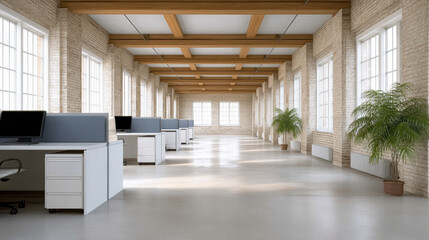 Naklejka premium Modern office open office wide shot expansive interior empty workspace desk window brick wall with bright natural light and potted palm