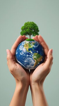 Human hands holding the planet earth globe with a green tree growing on top for environmental protection