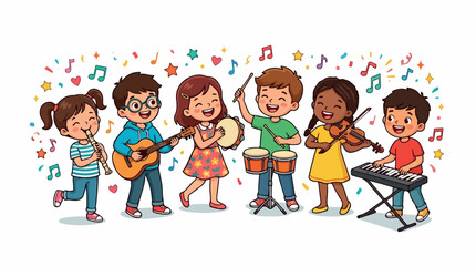Fototapeta premium Joyful group of diverse children playing musical instruments together in a bright classroom