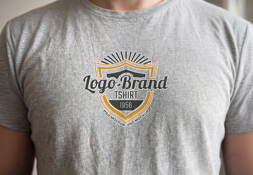 Close-up on Grey T-Shirt Printed Logo Mockup