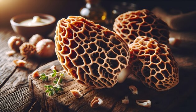 Fresh wild morel mushrooms on a rustic wooden board with herbs.