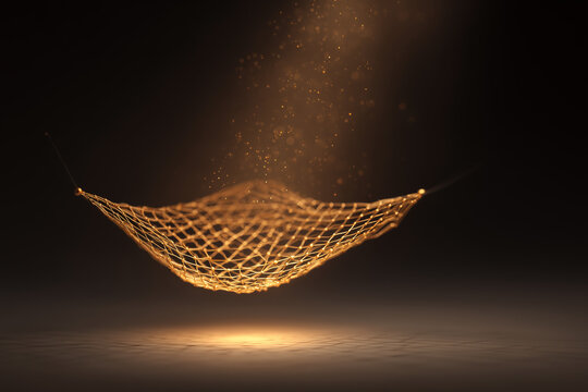 Glowing golden safety net suspended in dark space with falling light particles above.