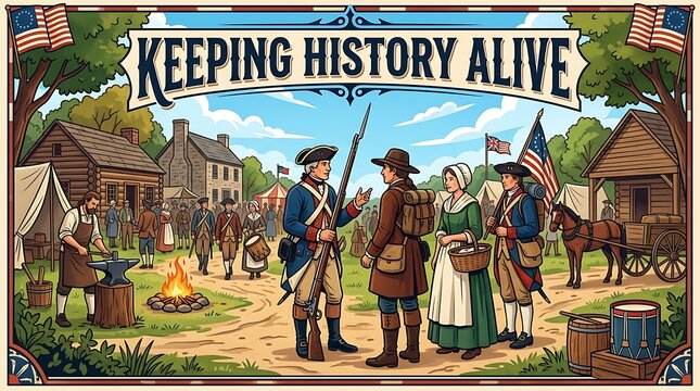 Vector illustration of colonial reenactment scene, text &ldquo;Keeping History Alive&rdquo;