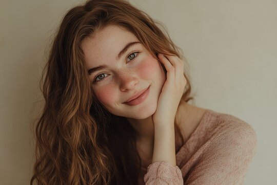 Portrait of a smiling young woman with wavy hair and freckles