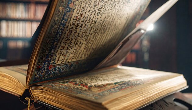 Open leather bound codex showcasing illuminated manuscript pages with ornate details and ancient text