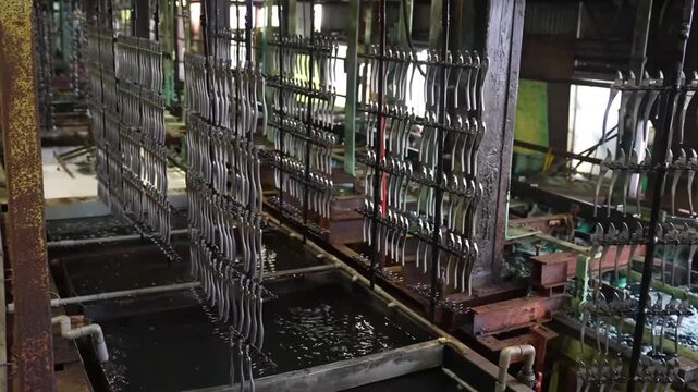 Rows of freshly plated pliers hanging on racks inside electroplating bath at factory