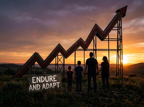 Silhouette of a family of four standing in front of a massive wooden rising arrow graph and a sign reading "Endure and Adapt" during a vibrant sunset over a mountainous valley.