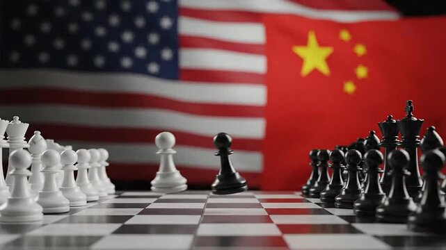 A chess board set up for a strategic game with two national flags in the background