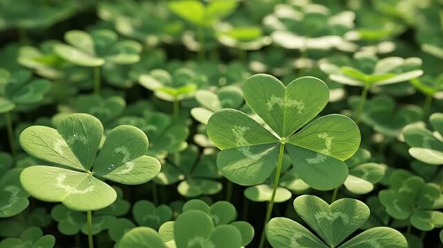 A close up view of vibrant green clover leaves growing in a lush meadow field