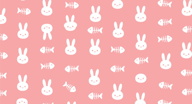 Cute bunny and fish bone pattern on pink background for nursery decoration seamless animal face wallpaper featuring rabbit characters and cartoon elements.
