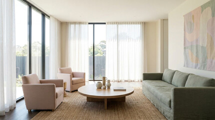 Fototapeta premium Modern Minimalist Living Room Interior Design with Furniture