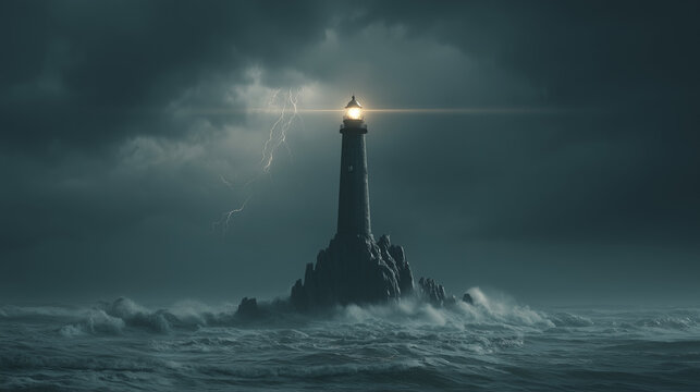Lone lighthouse shining bright beam during fierce lightning storm over dark stormy ocean.