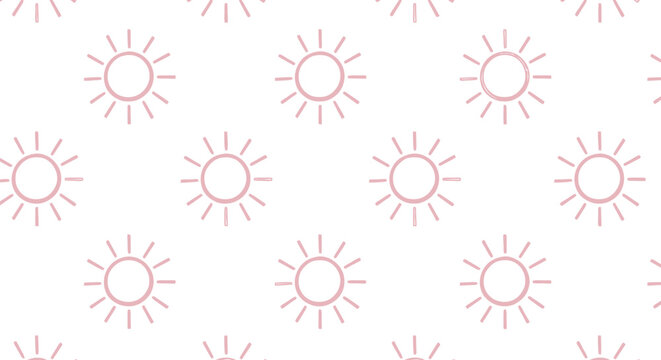 Minimalist sun pattern on white background for summer theme design featuring hand drawn pink solar icons in seamless layout for beach fabric and wallpaper.