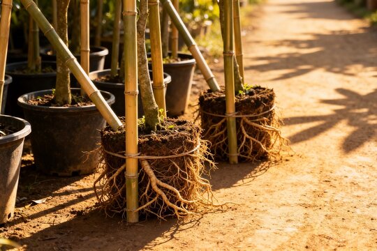Bamboo plants with exposed roots