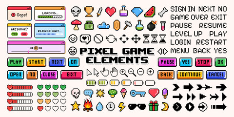 Collection of retro video game element, pixel mobile gaming app icon and halftone frame with comic text. 8 bit computer game interface, menu button, heart, star, arrow, fire and speech bubble symbol. © Impixmart